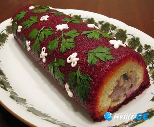 ქაშაყის სალათა რულეტის ფორმით